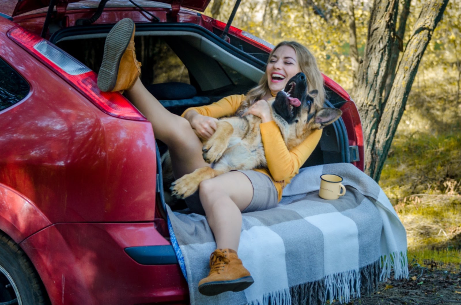 dog and lady in car 